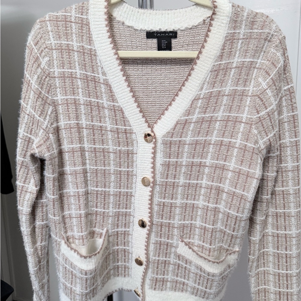 Tahari Beige and White Checkered Cardigan